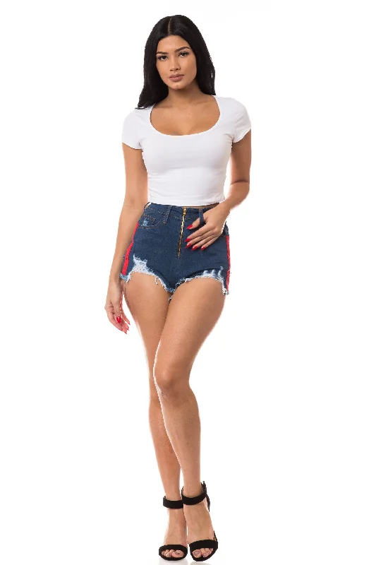 6154 Women's High Waisted Distressed Shorts with Striped Outseam