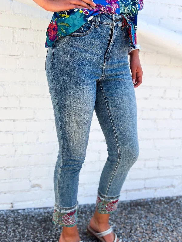 Skinny Crop Jean With Embroidery And Sequins In Blue