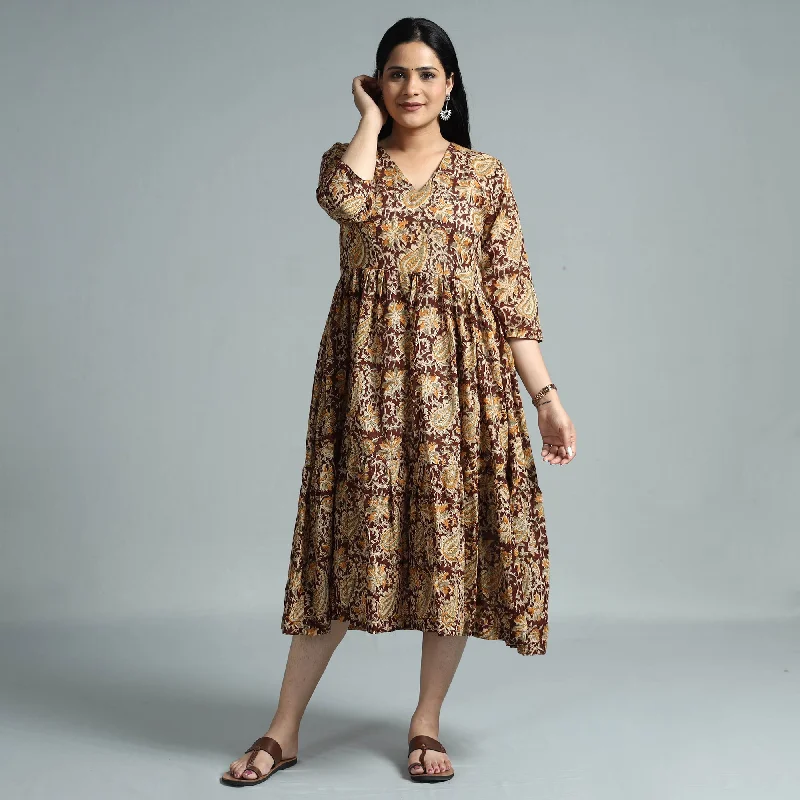 Dark Brown - Kalamkari Block Printed Mul Cotton Flared Gher Dress