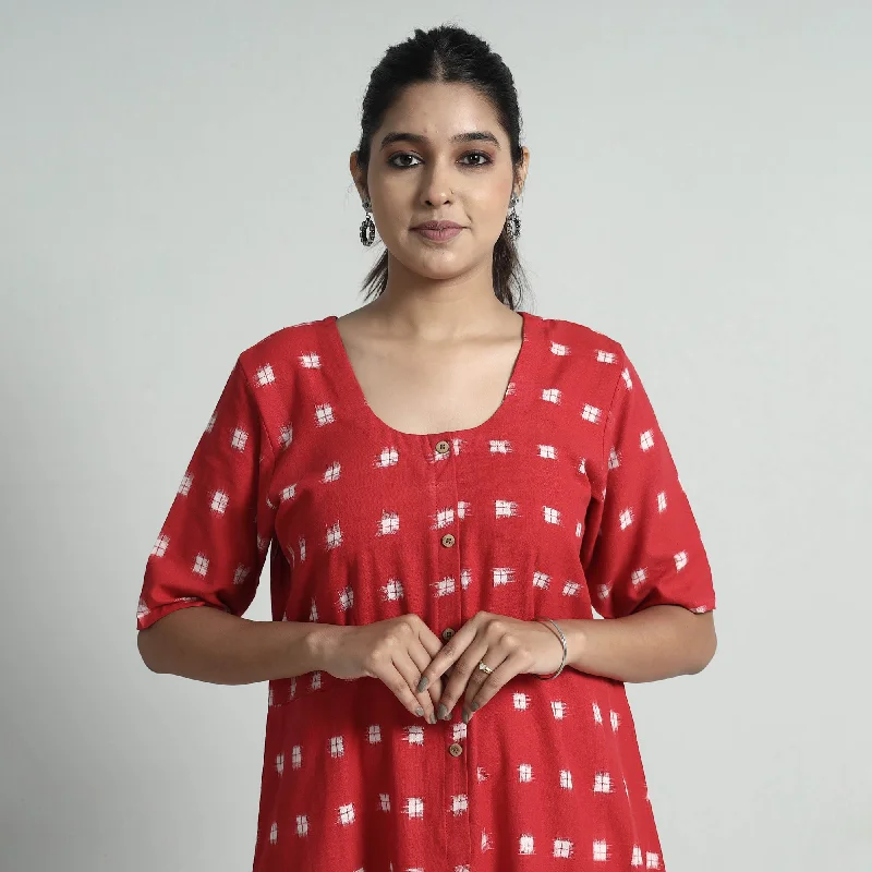 Red - Pochampally Double Ikat Weave Cotton Dress