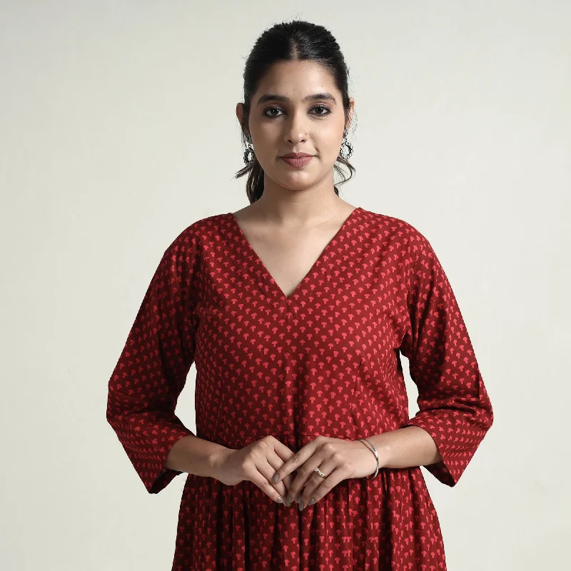 Red - Bagh Block Printed Cotton Dress