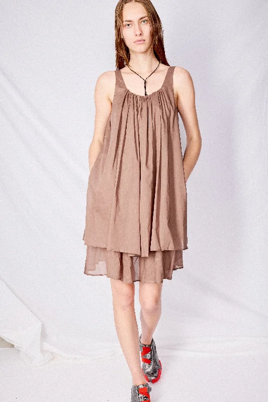 Brown Neck Shirring Sheer Dress