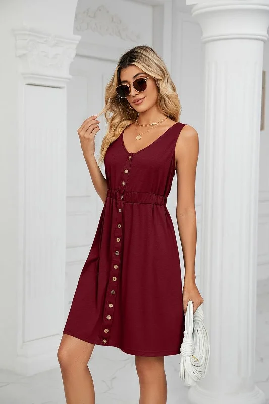 SLEEVELESS BUTTON POCKET SLIM WAIST DRESS