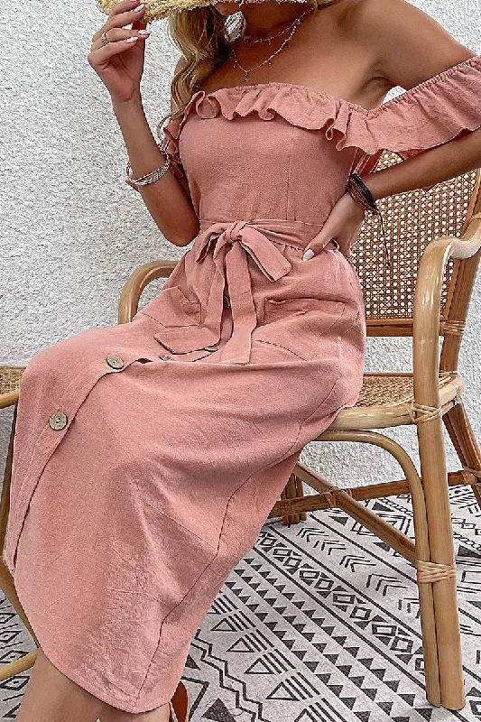 FRILL OFF SHOULDER TIED WAIST BUTTON SKIRT DRESS