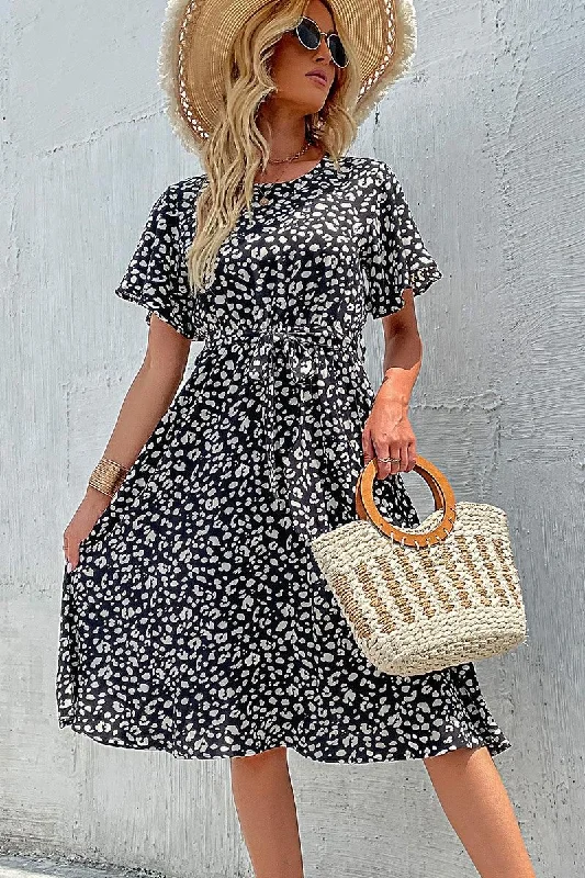 LEOPARD TIED WAIST FLARE MIDI DRESS