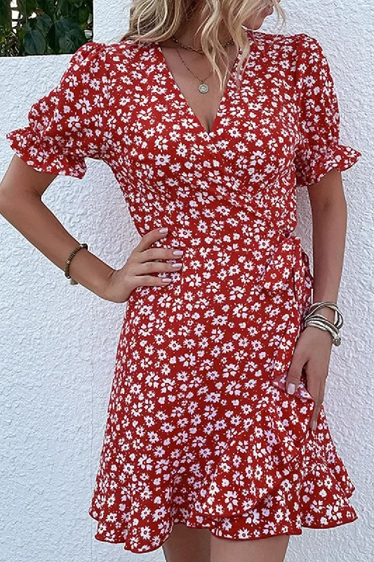 FLORAL RUFFLED V NECK SHORT DRESS