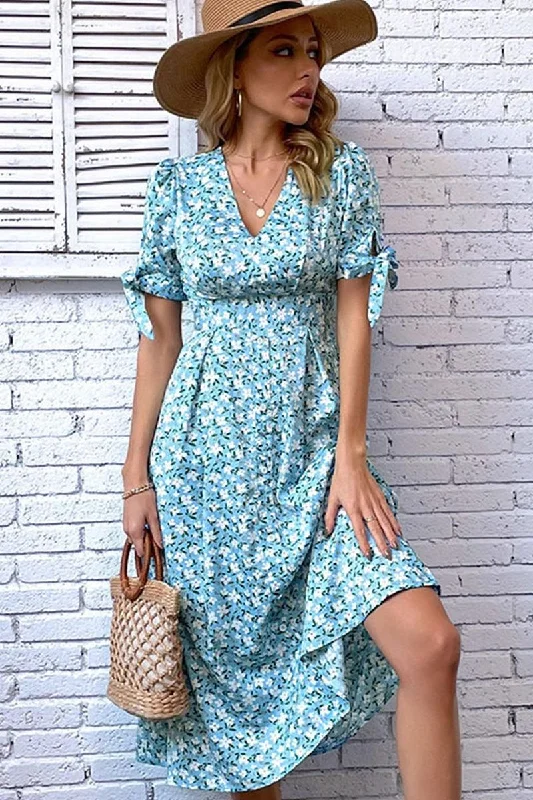 FLORAL TIGHTEN WAIST PUFF RIBBON SLEEVES DRESS