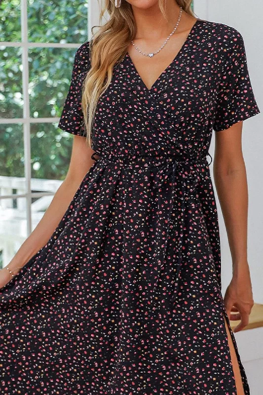 TIED WAIST SIDE SPLIT CASUAL DRESS