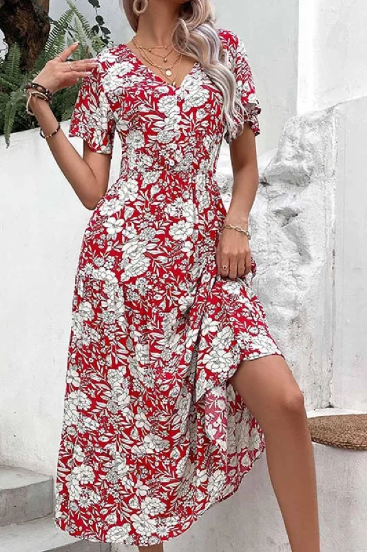 V NECK FLORAL PATTERN LONG DRESS