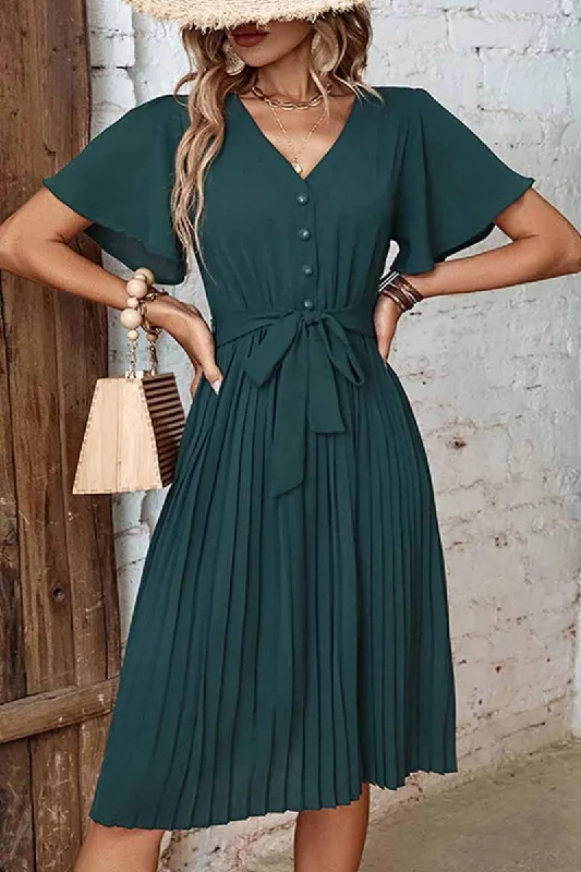 V NECK BUTTONED PLEATED DRESS