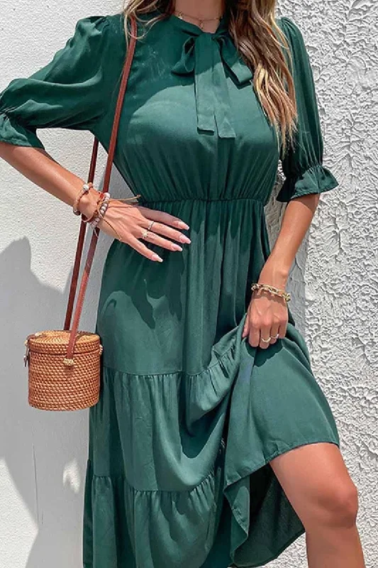 RIBBON TIED NECK RUFFLED SLEEVE CASUAL DRESS