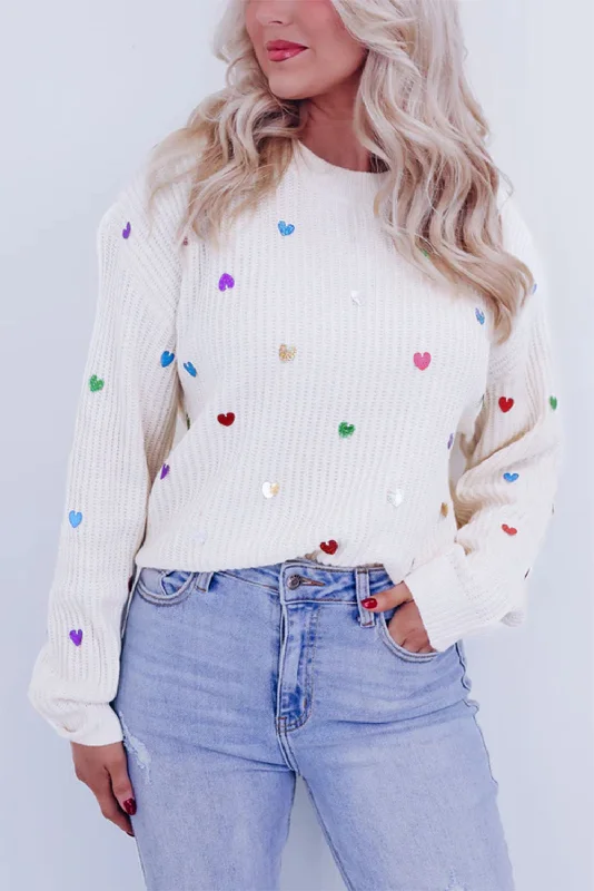 Beige Sequin Heart Pattern Round Neck Knit Sweater