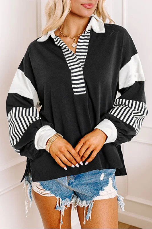 Black Striped Patchwork Collar Sweatshirt