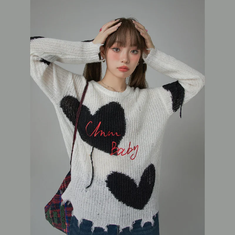 Distressed Heart Loose Fit Sweater