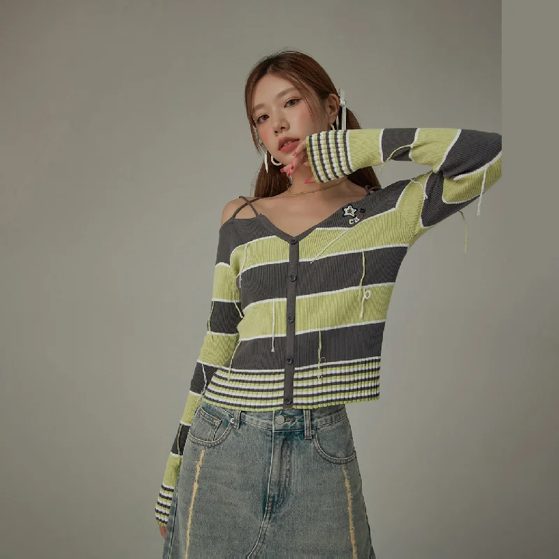 Color Combination Stripe Off The Shoulder Knit Sweater