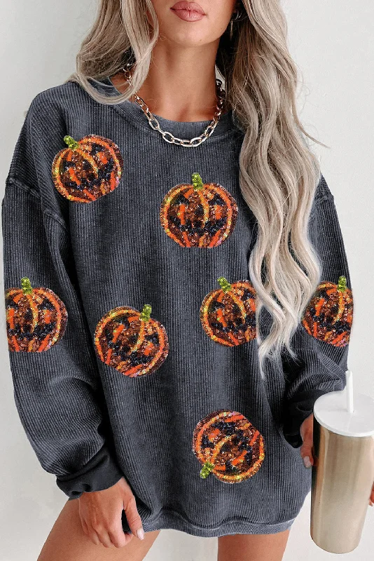 Gray Sequined Jack O Lantern Graphic Corded Baggy Sweatshirt