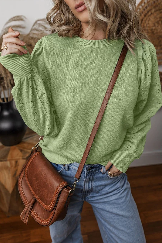 Mist Green Eyelet Embroidered Sleeve Patchwork Ribbed Sweatshirt