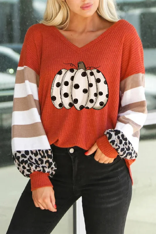 Red Polka Dot Pumpkin Print Leopard Stripe Colorblock Top