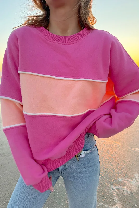 Sachet Pink Colorblock Ribbed Trim Sweatshirt