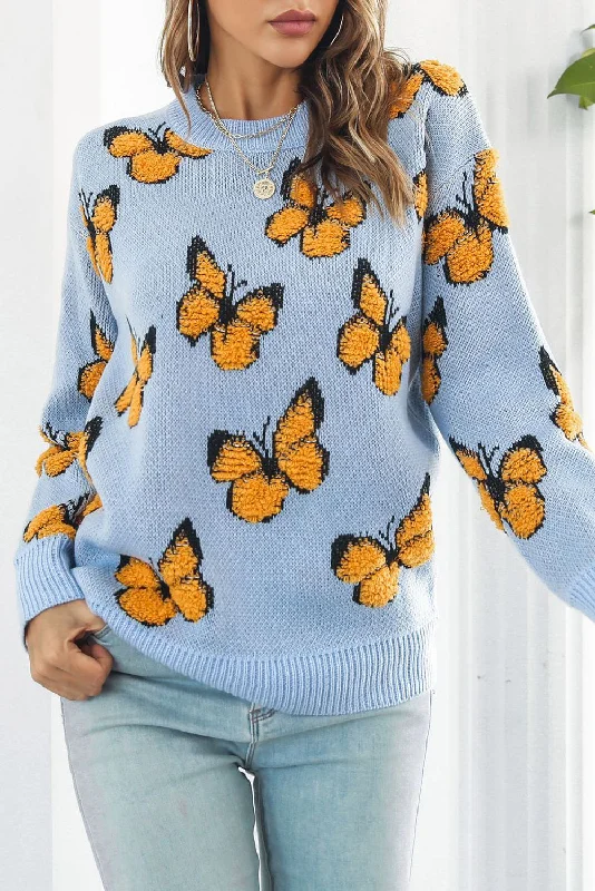 Sky Blue Dimensional Butterfly Pattern Round Neck Sweater